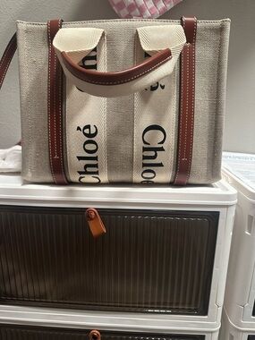 Chloé Beige Canvas Tote with Brown Leather Trim